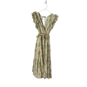 A Loves A Sage Green Pink Block Print Metallic Ruffle Tiered Midi Dress XS